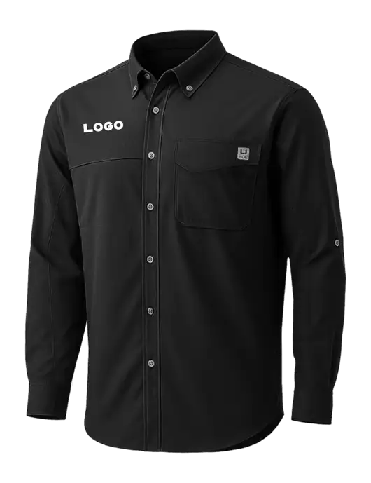 HUK Black Tide Point Pocket Long Sleeve Fishing Shirt w/Logo