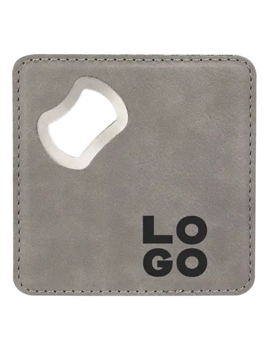 Grey Leatherette Coaster with Bottle Opener w/Logo