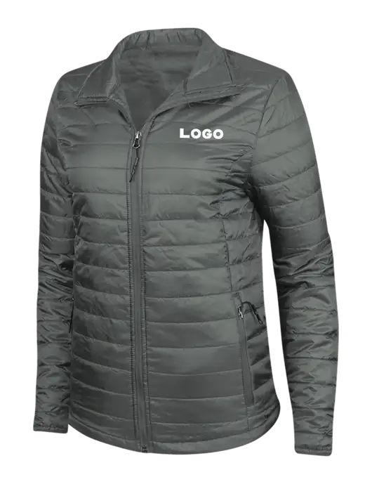 Dark Grey Womens Puffy Packable Jacket w/Logo