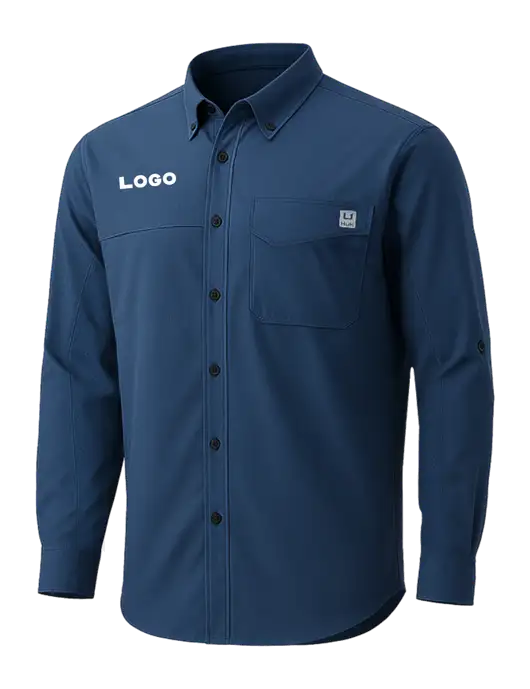 HUK Navy Tide Point Pocket Long Sleeve Fishing Shirt w/Logo