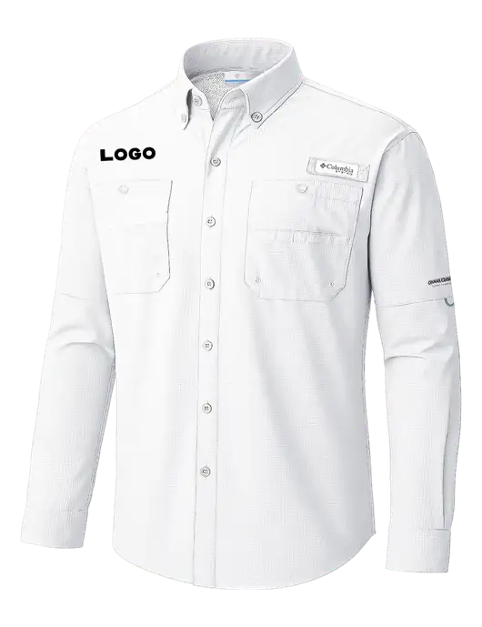 Columbia White PFG Tamiami II Long SleeveShirt w/Logo