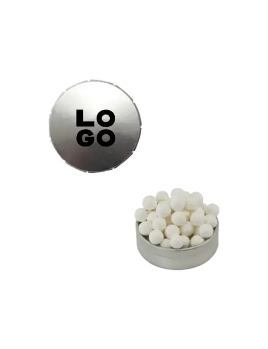 Signature Peppermints In Silver Snap Top Tin  w/Logo