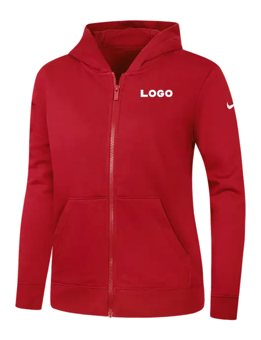 Nike Womens Club Fleece Sleeve Swoosh Full-Zip Red Hoodie w/Logo