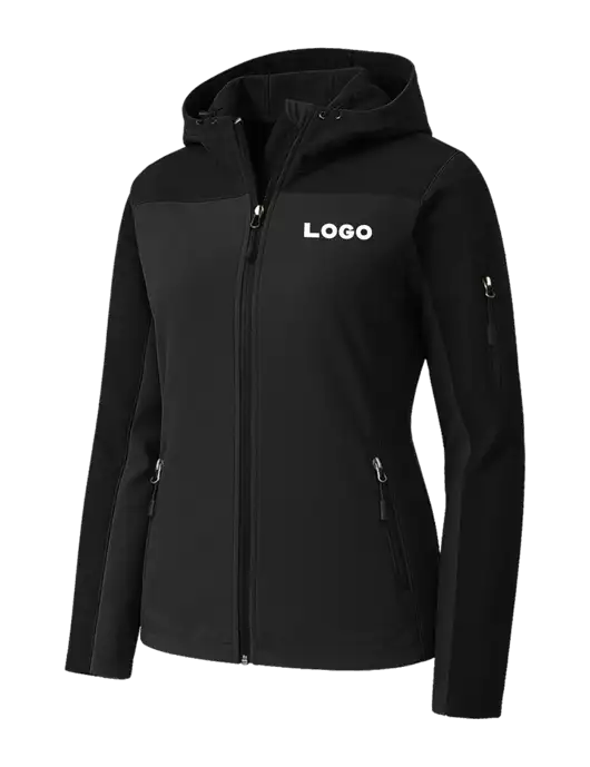 Womens Hooded Core Black Soft Shell Jacket w/Logo
