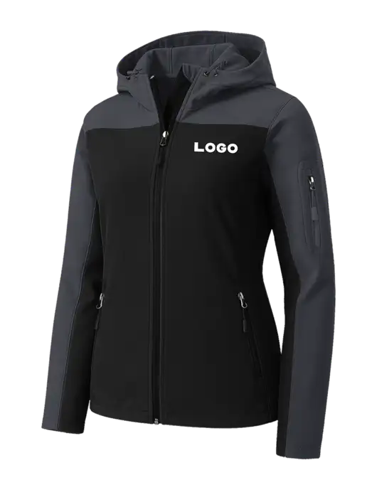 Womens Hooded Core Dark Grey/Black Soft Shell Jacket w/Logo
