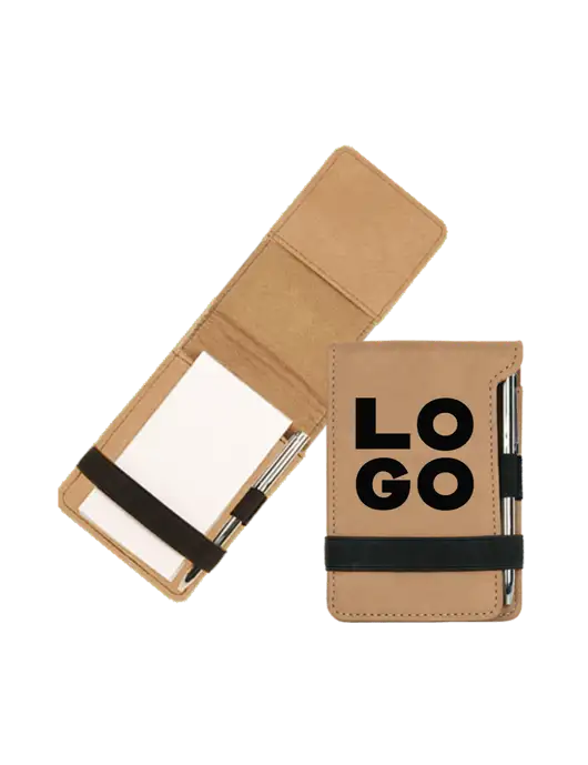 Tan Leatherette Mini Notepad with Pen,  3.25 x 4.75 w/Logo