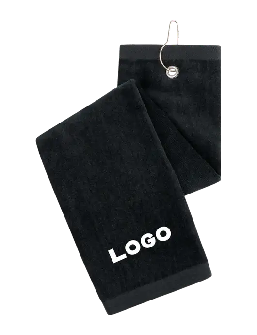Black Tri-Fold Golf Towel with Grommet w/Logo