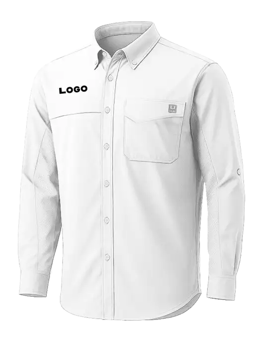 HUK White Tide Point Pocket Long Sleeve Fishing Shirt w/Logo