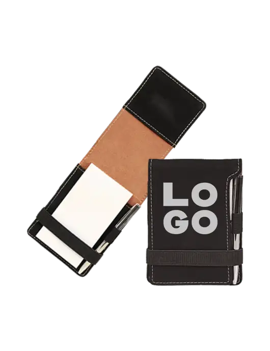 Black Leatherette Mini Notepad with Pen,  3.25 x 4.75 w/Logo