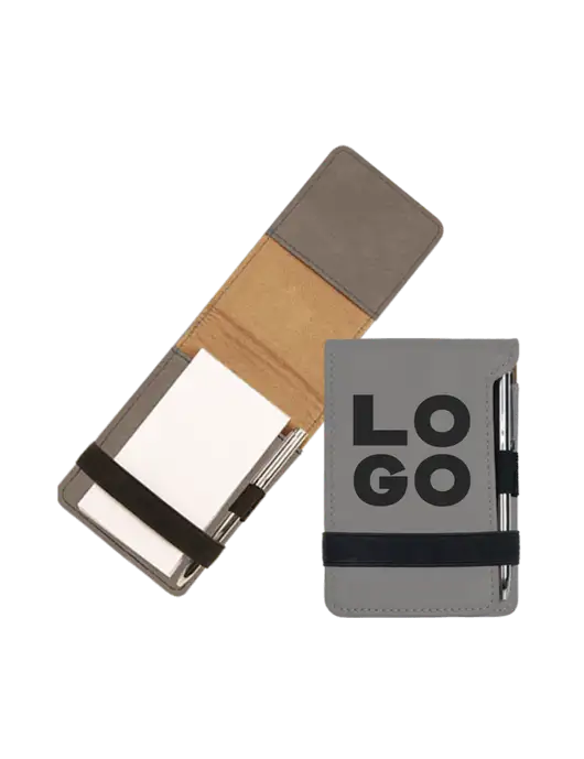 Grey Leatherette Mini Notepad with Pen,  3.25 x 4.75 w/Logo