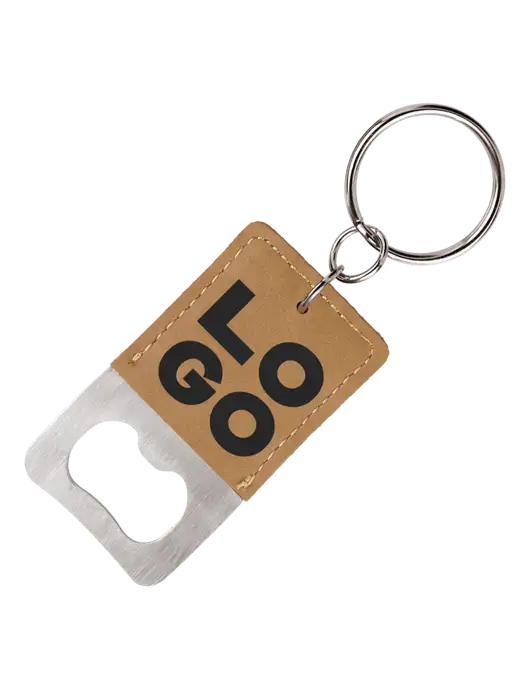 Tan Leatherette Rectangle Bottle Opener Keychain w/Logo