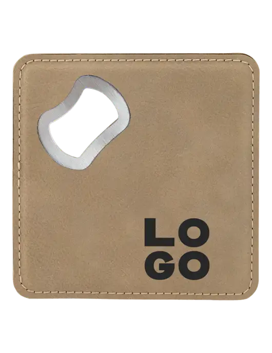 Tan Leatherette Bottle Opener Coaster w/Logo