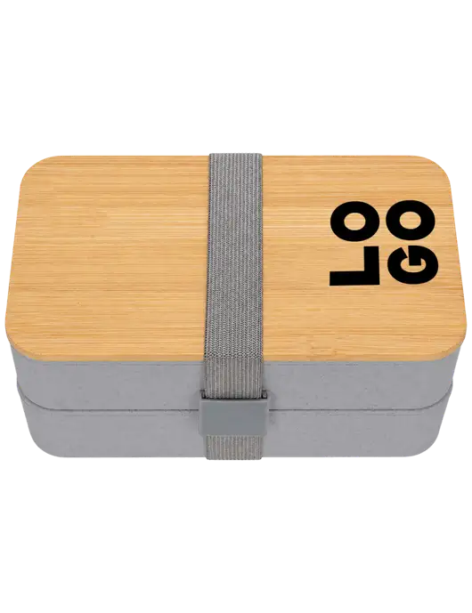 Double Decker Light Medium Grey Lunch Box w/Eco-Friendly FSC Bamboo Lid & Reusable Utensils w/Logo