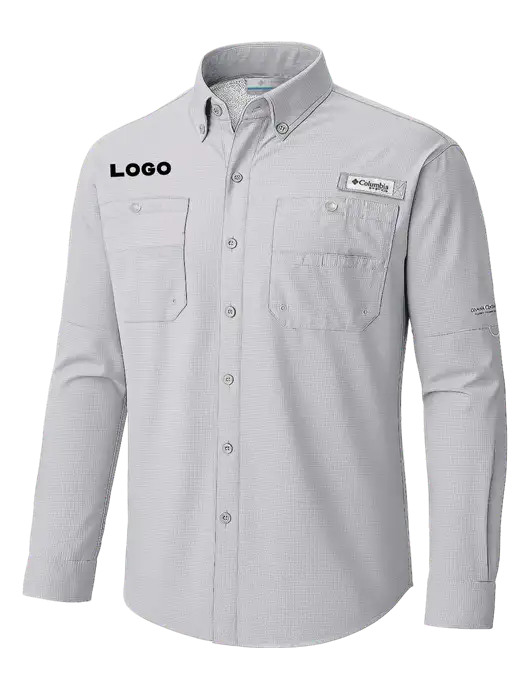 Columbia Cool Grey PFG Tamiami II Long SleeveShirt w/Logo