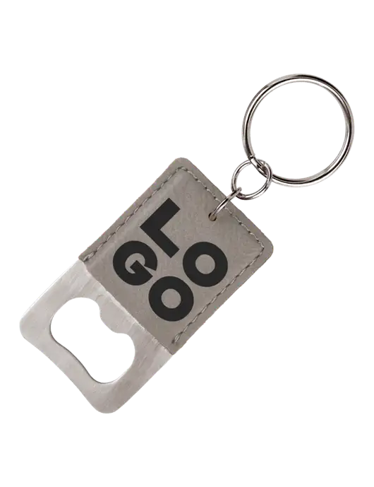 Grey Leatherette Rectangle Bottle Opener Keychain w/Logo