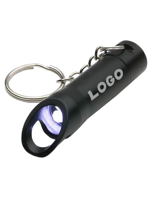 Black Pocket LED Flashlight with Bottle Opener & Keychain w/Logo