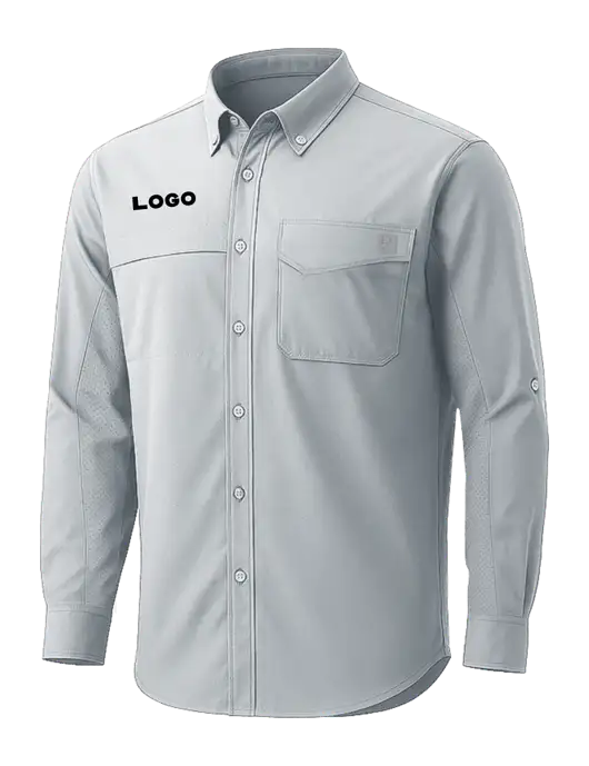 HUK Light Grey Tide Point Pocket Long Sleeve Fishing Shirt w/Logo