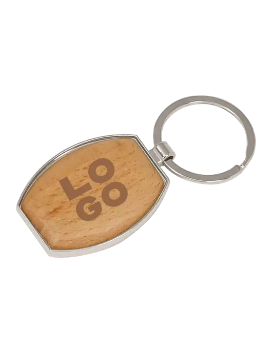 Wood & Silver Oval Keychain w/Logo