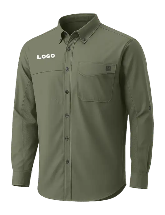 HUK Light Olive Tide Point Pocket Long Sleeve Fishing Shirt w/Logo