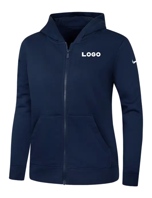 Nike Womens Club Fleece Sleeve Swoosh Full-Zip Dark Navy Hoodie w/Logo