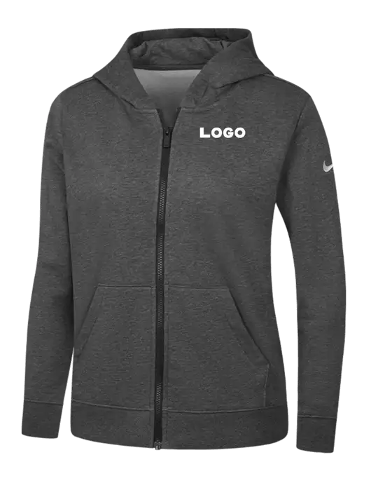 Nike Womens Club Fleece Sleeve Swoosh Full-Zip Charcoal Heather Hoodie w/Logo