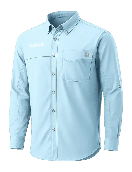 HUK Light Blue Tide Point Pocket Long Sleeve Fishing Shirt w/Logo