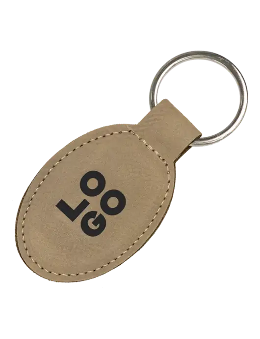Tan Leatherette Oval Keychain w/Logo