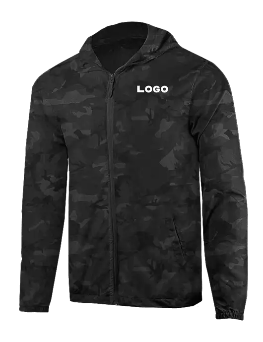 Rainy Day Ultra Lightweight Black Camo Windbreaker Full-Zip Jacket w/Logo