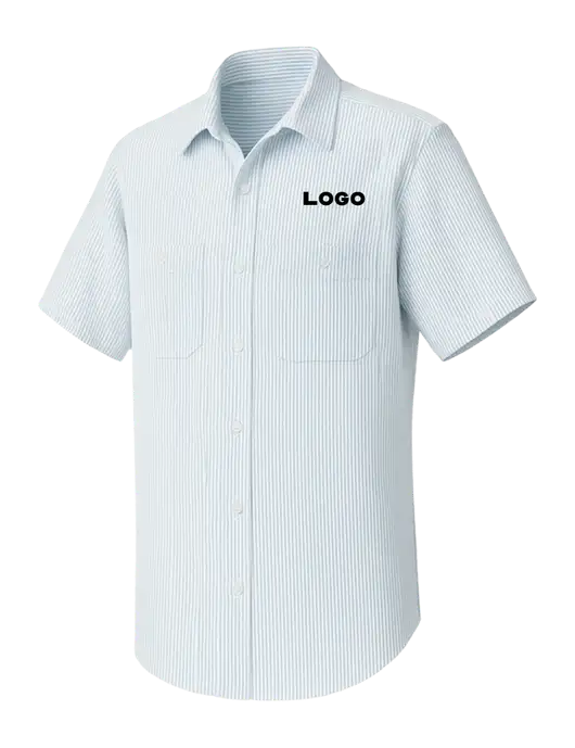 Red Kap Short Sleeve Striped White/Blue Industrial Work Shirt w/Logo