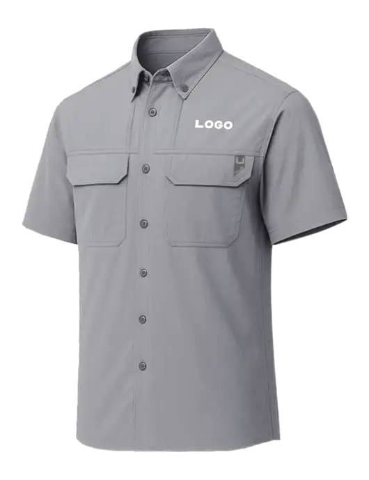 HUK Light Medium Grey Creekbed Short Sleeve Shirt w/Logo