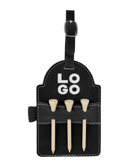 Black Leatherette Golf Bag Tag with 3 Wooden Tees w/Logo