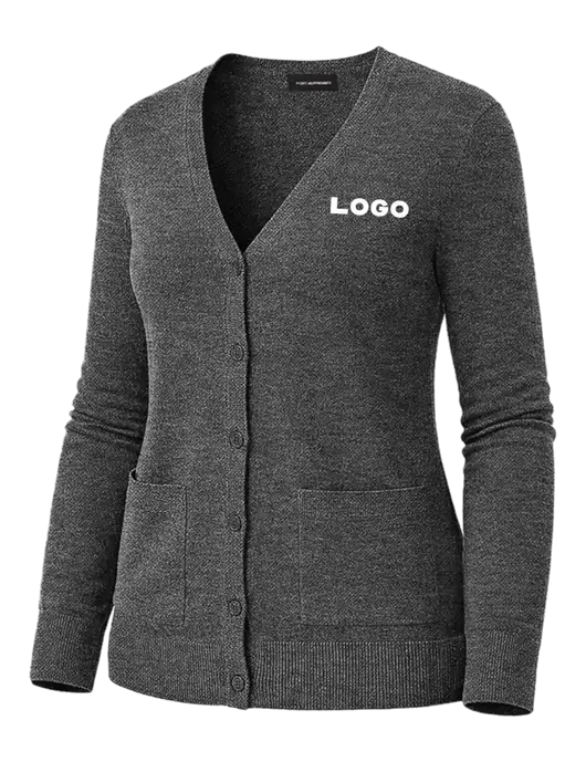 Womens Charcoal Heather Washable V-neck Cardigan Sweater w/Logo