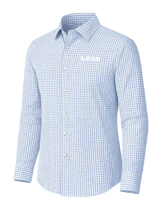 Brooks Brothers Tech Stretch Light Blue Fine Check Patterned Shirt w/Logo