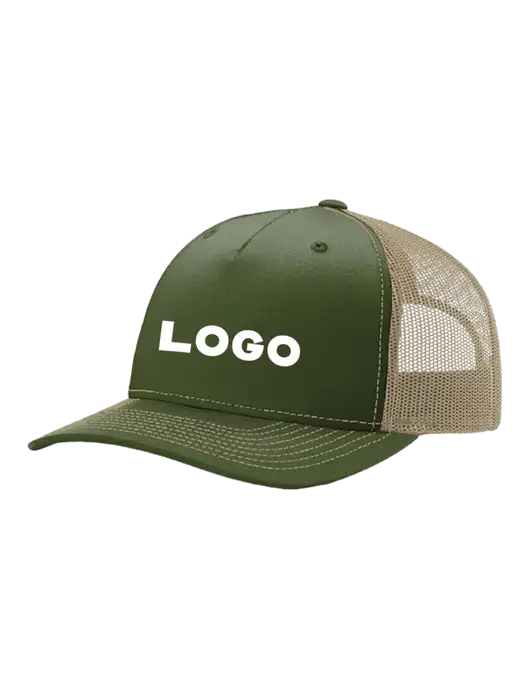 Richardson Five-Panel Trucker Medium Dark Olive/Tan Mesh Cap  w/Logo