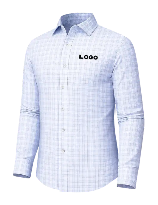 Brooks Brothers Tech Stretch White/ Light Blue Grid Check Patterned Shirt w/Logo