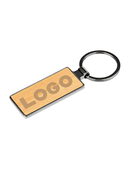 Wood and Silver Rectangle Keychain w/Logo
